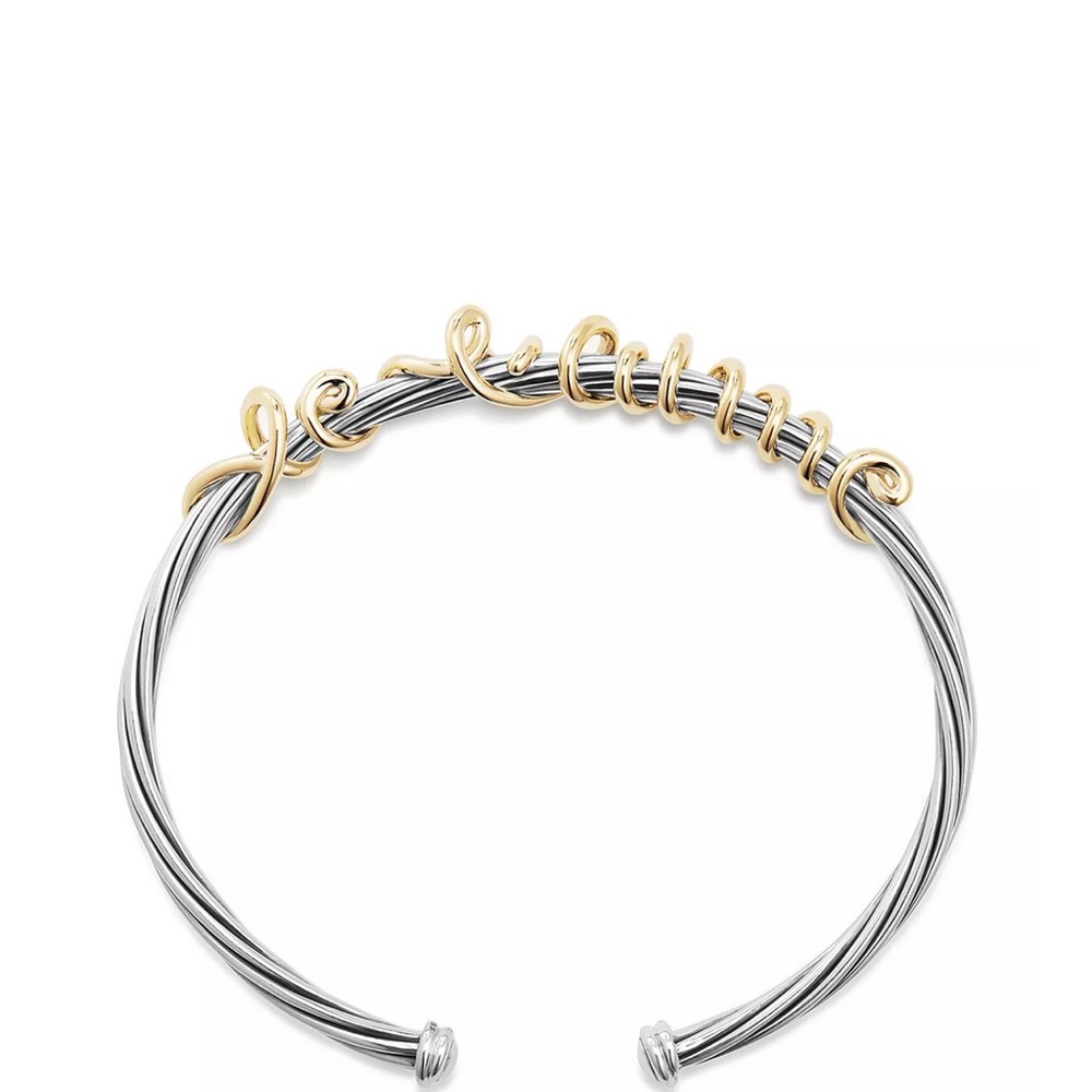 David Yurman ‘I love you’ whisper cable bracelet in silver and yellow gold.